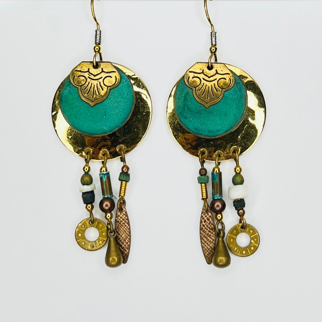 Bohemian turquoise enamel dangle earrings with lotus motif