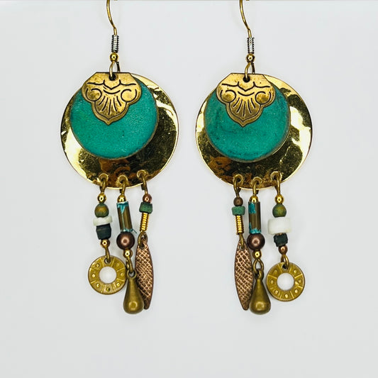 Bohemian turquoise enamel dangle earrings with lotus motif
