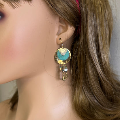Vintage gold tone earrings worn with bead charm dangles