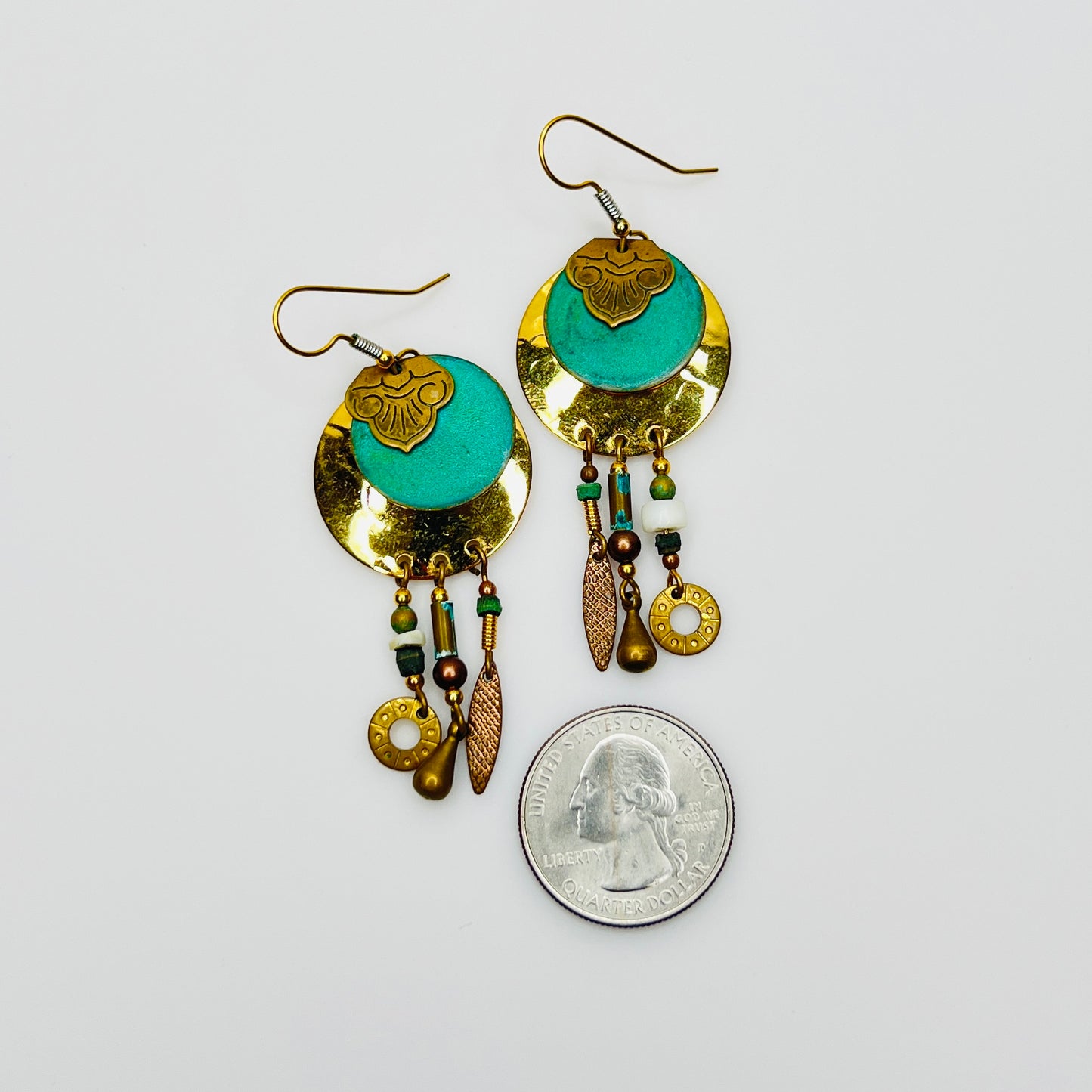 Earrings with quarter for size reference 2.75 inch drop