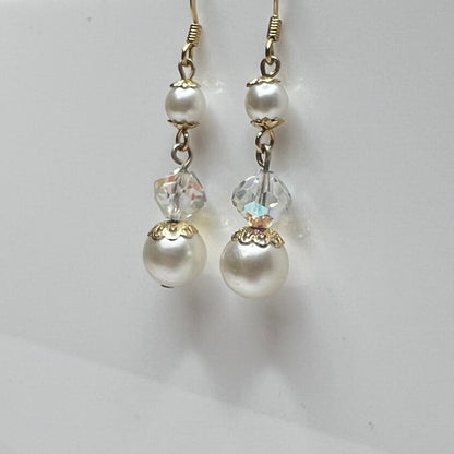 Gold-tone dangle earrings with faux pearls and faceted aurora borealis crystals, vintage 1960s