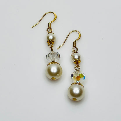 Gold-tone dangle earrings with faux pearls and faceted aurora borealis crystals, vintage 1960s