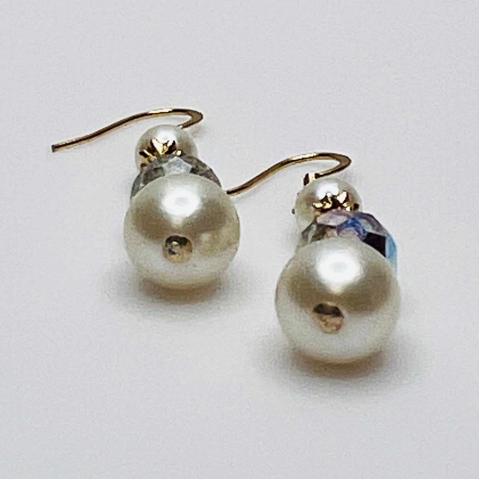 Gold-tone dangle earrings with faux pearls and faceted aurora borealis crystals, vintage 1960s