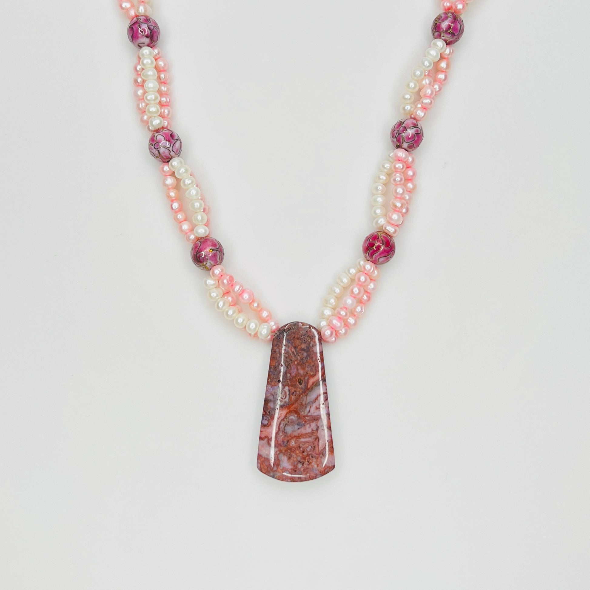 Artisan cultured pearl necklace with Cotton Candy Agate pendant and pink cloisonné floral beads