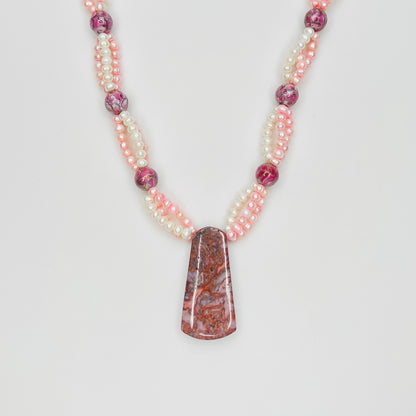 Artisan cultured pearl necklace with Cotton Candy Agate pendant and pink cloisonné floral beads