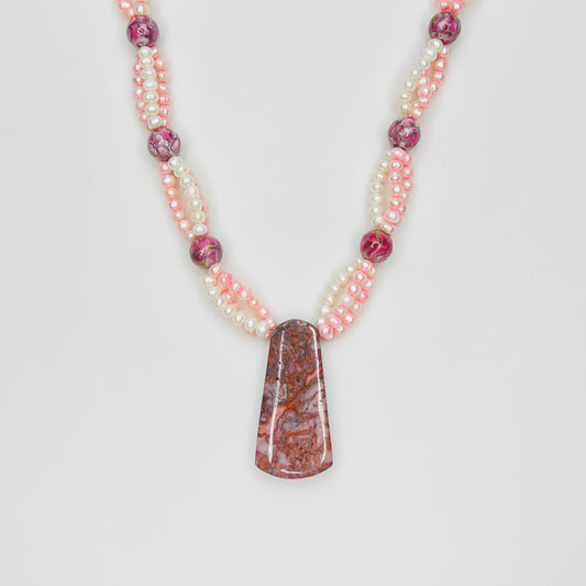 Artisan cultured pearl necklace with Cotton Candy Agate pendant and pink cloisonné floral beads
