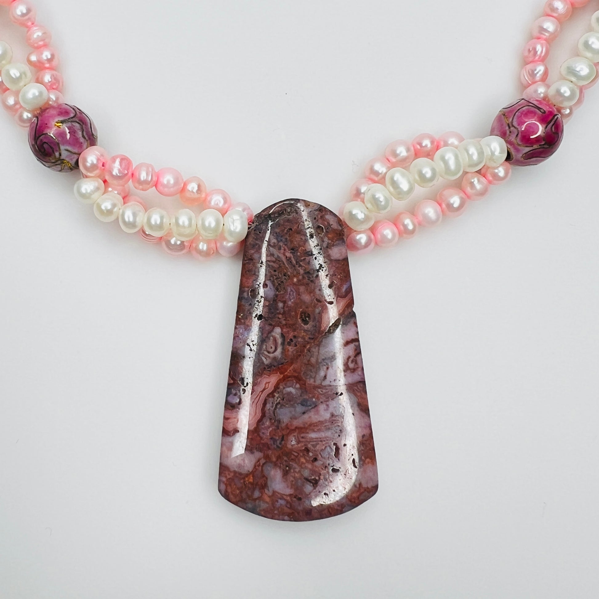 Artisan cultured pearl necklace with Cotton Candy Agate pendant and pink cloisonné floral beads