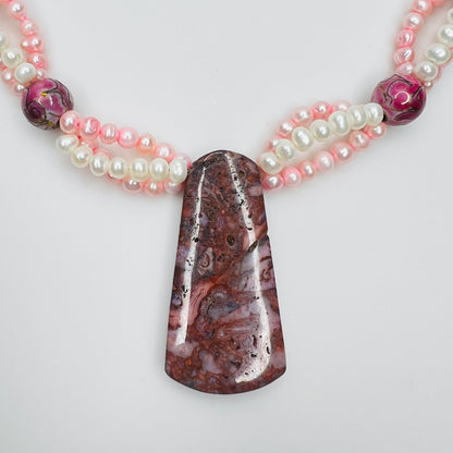 Artisan cultured pearl necklace with Cotton Candy Agate pendant and pink cloisonné floral beads