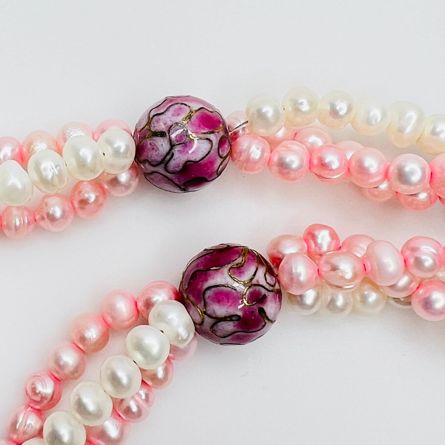 Pink cloisonné floral accent beads with cultured pearl strands in artisan necklace