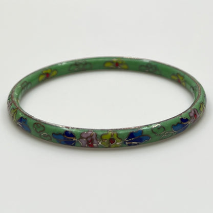 Vintage green cloisonne enamel bangle with colorful floral design