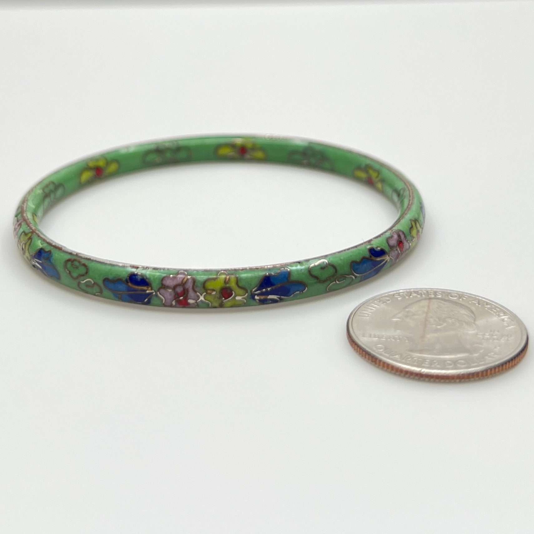Vintage green cloisonne enamel bangle with colorful floral design