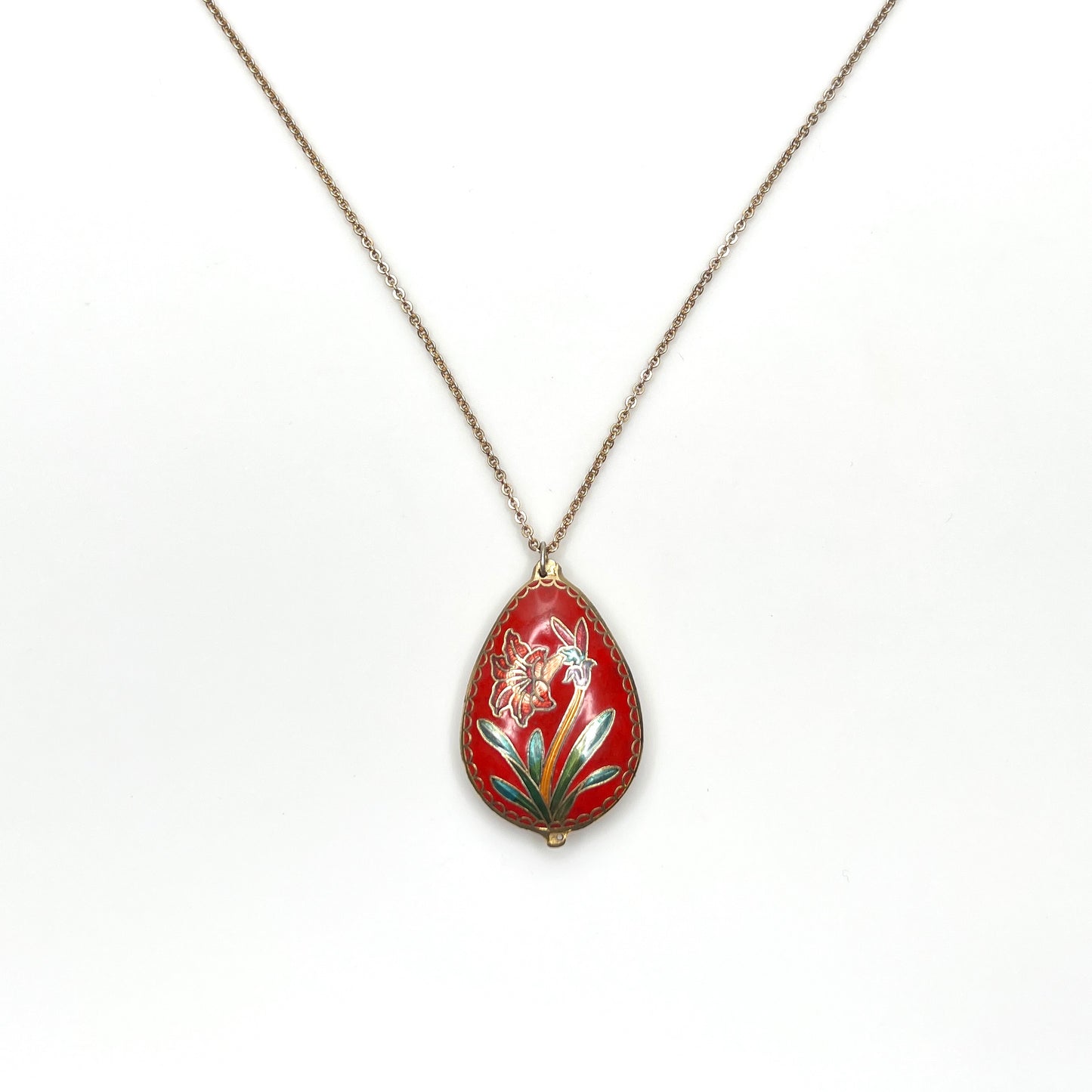 Vintage reversible cloisonné pendant necklace featuring colorful parrot design