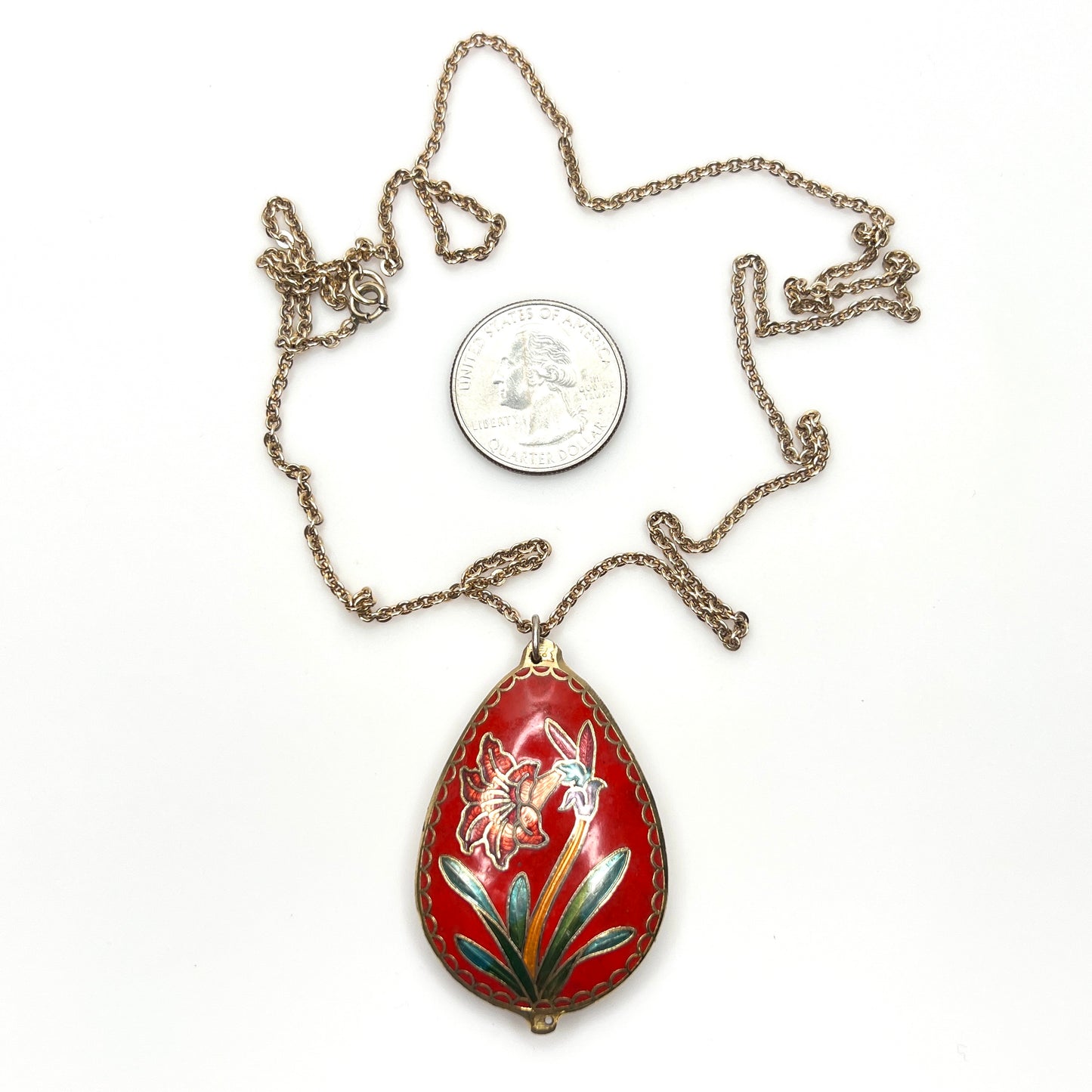 Vintage double-sided cloisonné enamel pendant necklace with chain and scale reference