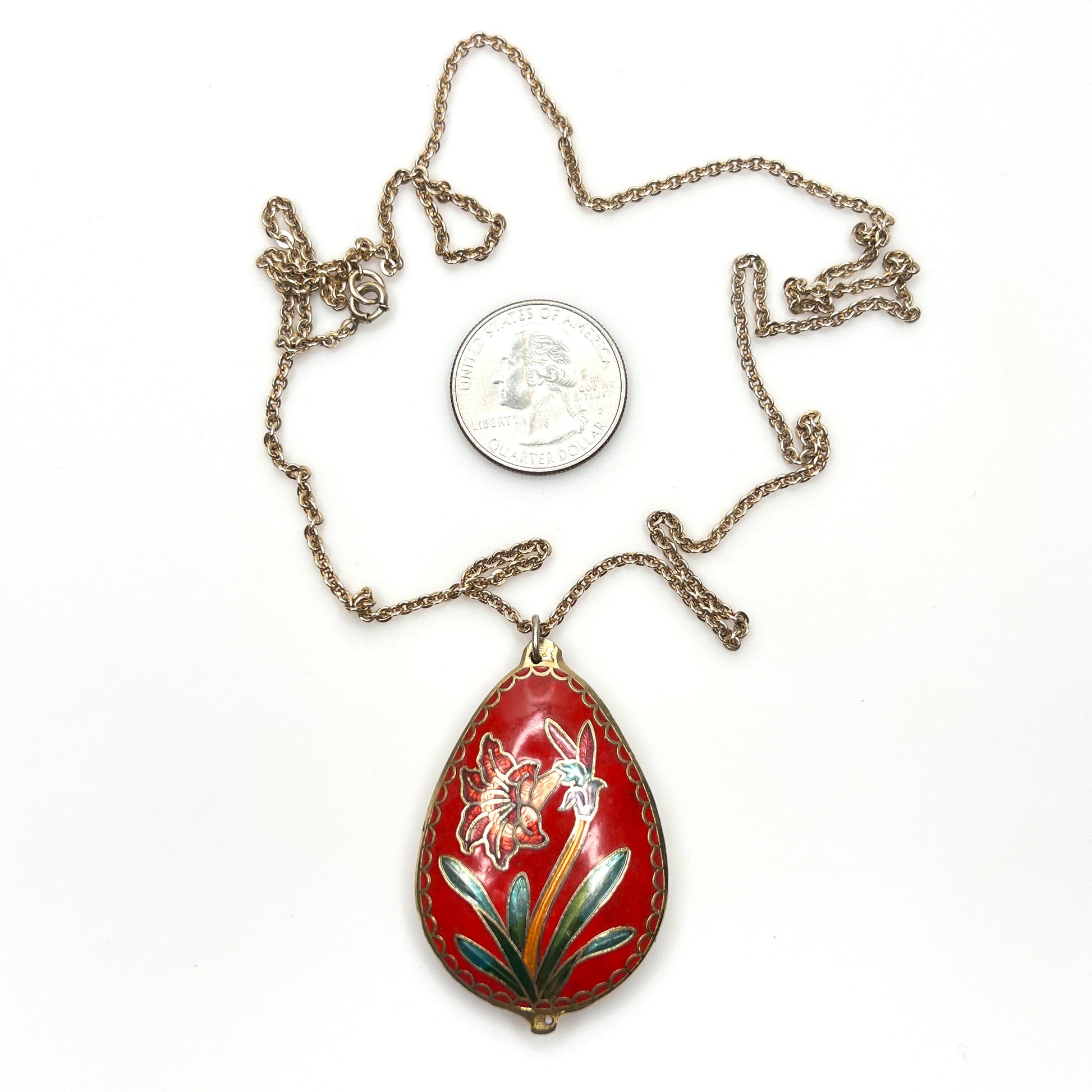 Vintage double-sided cloisonné enamel pendant necklace with chain and scale reference