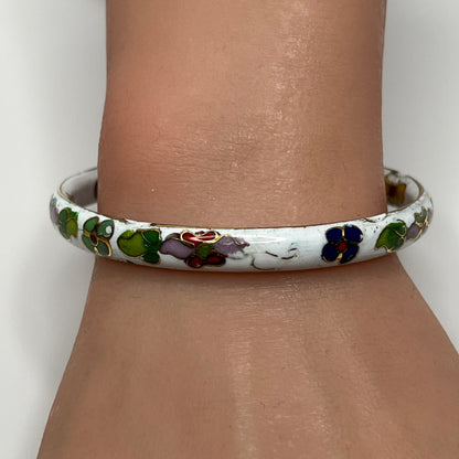 Vintage white cloisonné bangle bracelet with multicolor floral design