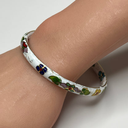 Vintage white cloisonné bangle bracelet with multicolor floral design