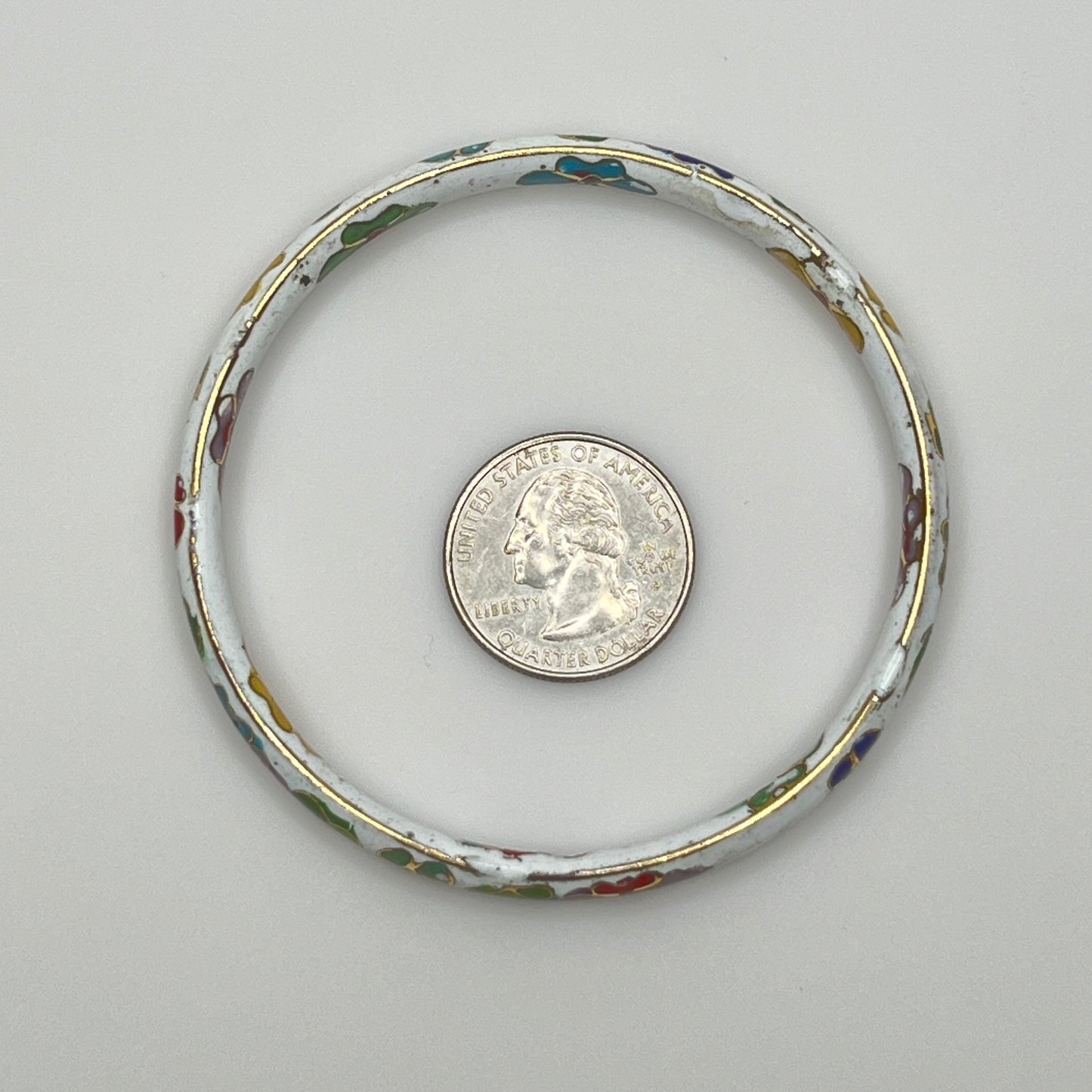 Vintage white cloisonné bangle bracelet with multicolor floral design