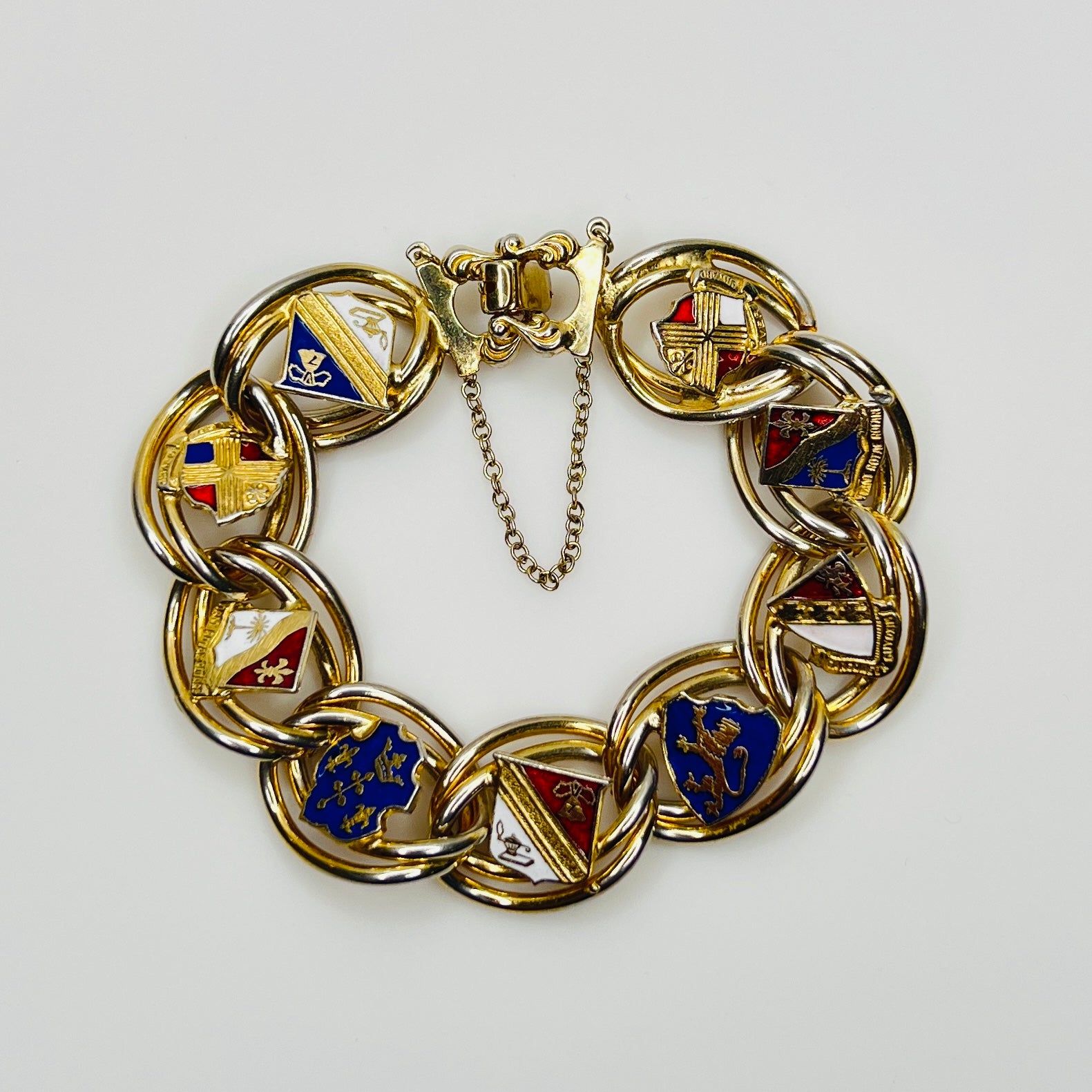 Vintage heraldic enamel chain bracelet in gold tone