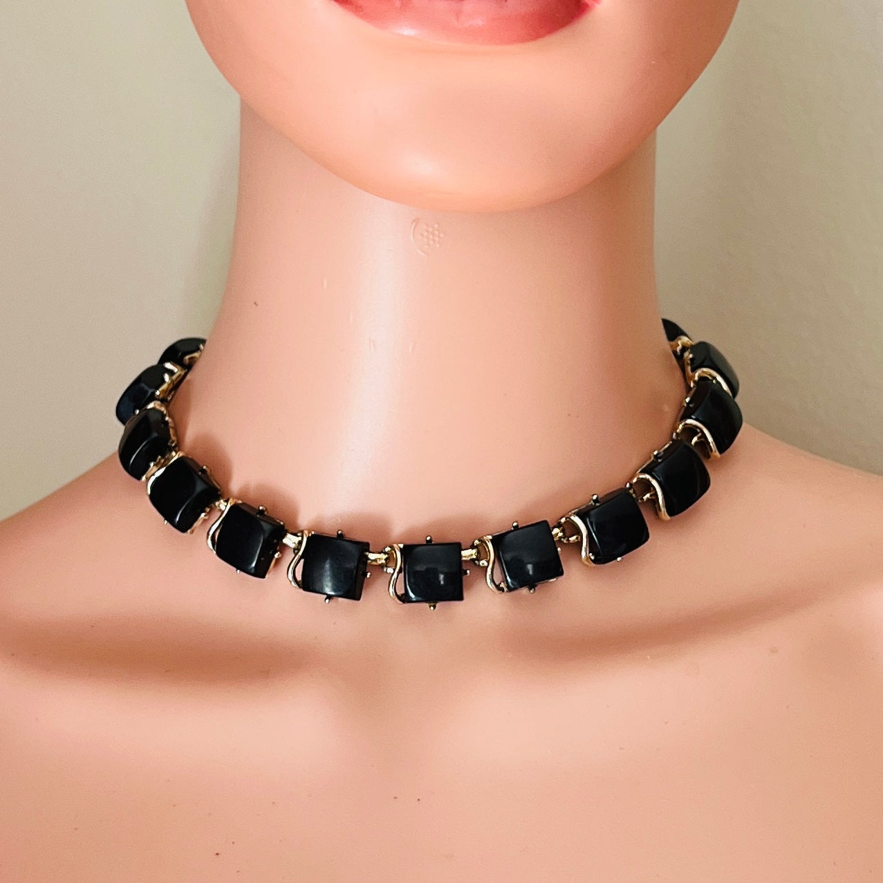1950s black lucite choker worn on mannequin