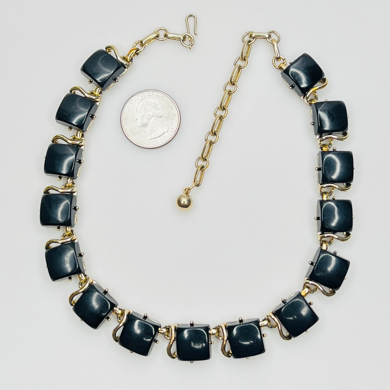 Close-up glossy black thermoset lucite links