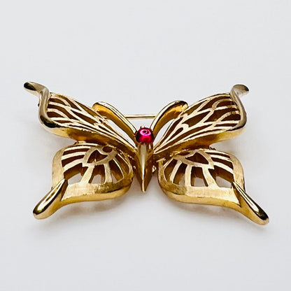 1970s Trifari butterfly pin with red cabochon
