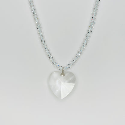 Vintage crystal heart pendant necklace with faceted clear crystal heart and sparkling crystal bicone bead strand