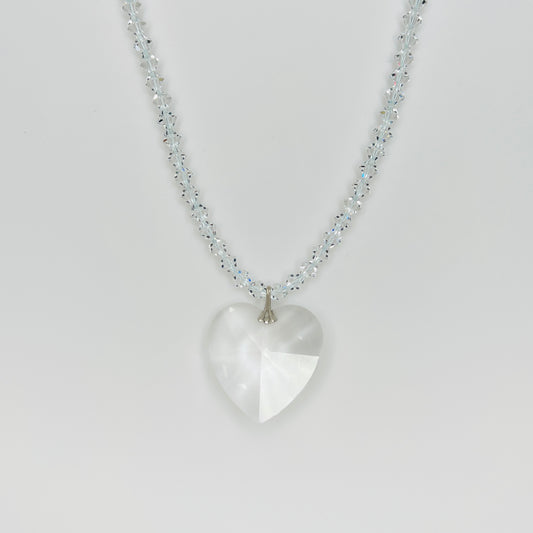Vintage crystal heart pendant necklace with faceted clear crystal heart and sparkling crystal bicone bead strand
