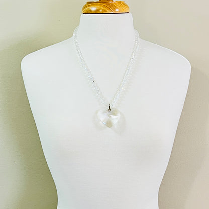 Large faceted crystal heart necklace with clear crystal bicone beads and gold tone box clasp