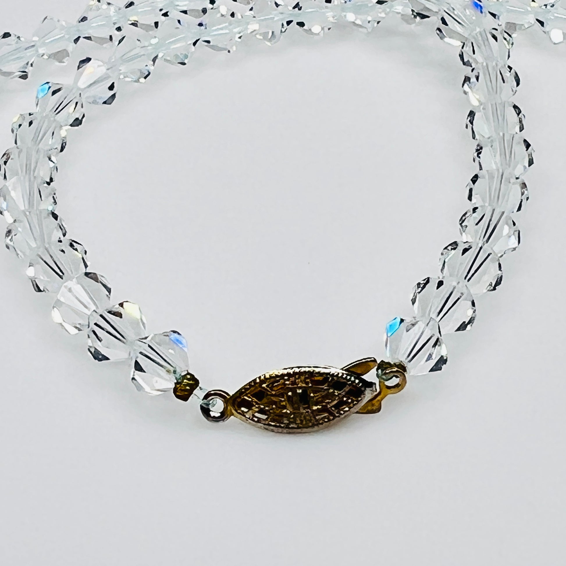 Vintage crystal bicone bead necklace with gold tone box clasp detail