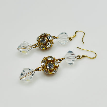 Vintage dangle earrings with clear bicone crystals and gold filigree beads