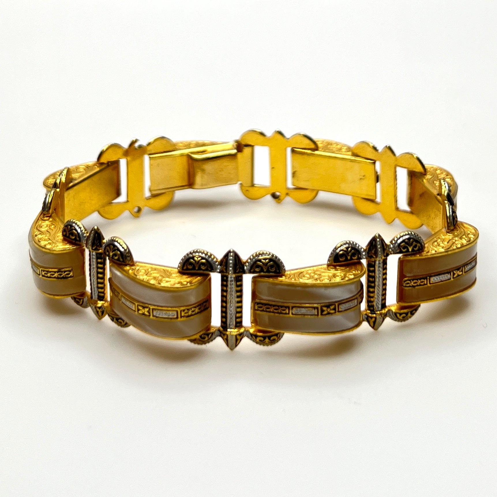 Vintage Damascene panel bracelet with faux mother-of-pearl inlays and gold-tone details