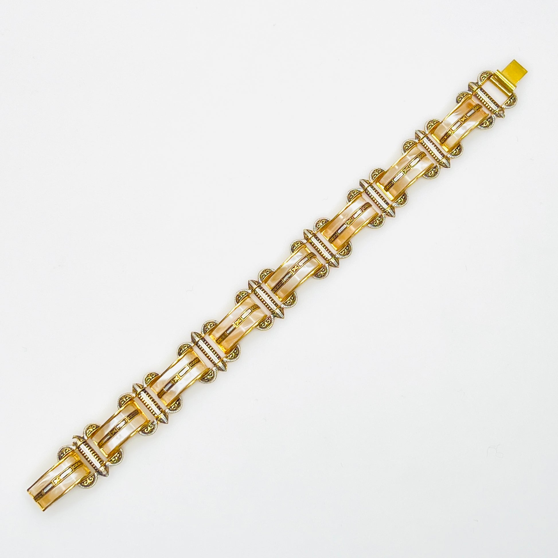 Vintage Damascene panel bracelet with faux mother-of-pearl inlays and gold-tone details