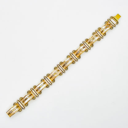 Vintage Damascene panel bracelet with faux mother-of-pearl inlays and gold-tone details