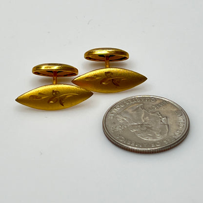Vintage gold-tone engraved double-sided cufflinks with marquise shape