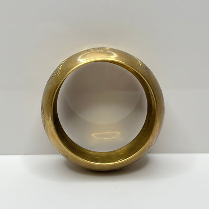 1970s boho engraved brass bangle, 1½ inches wide