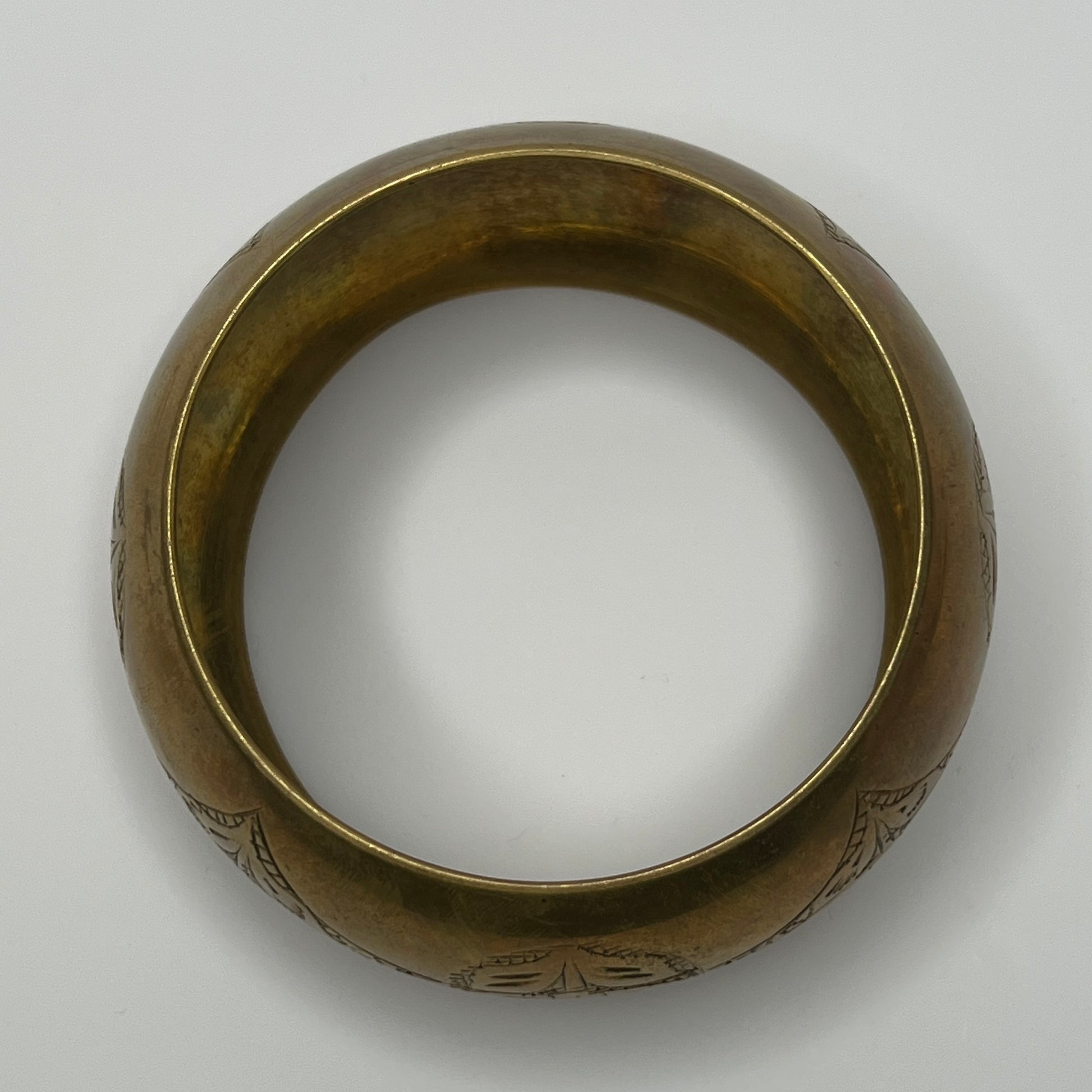 1970s boho engraved brass bangle, 1½ inches wide