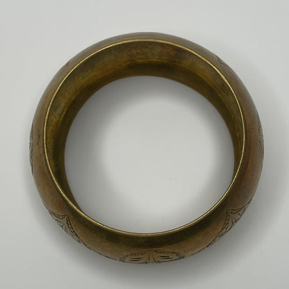 1970s boho engraved brass bangle, 1½ inches wide