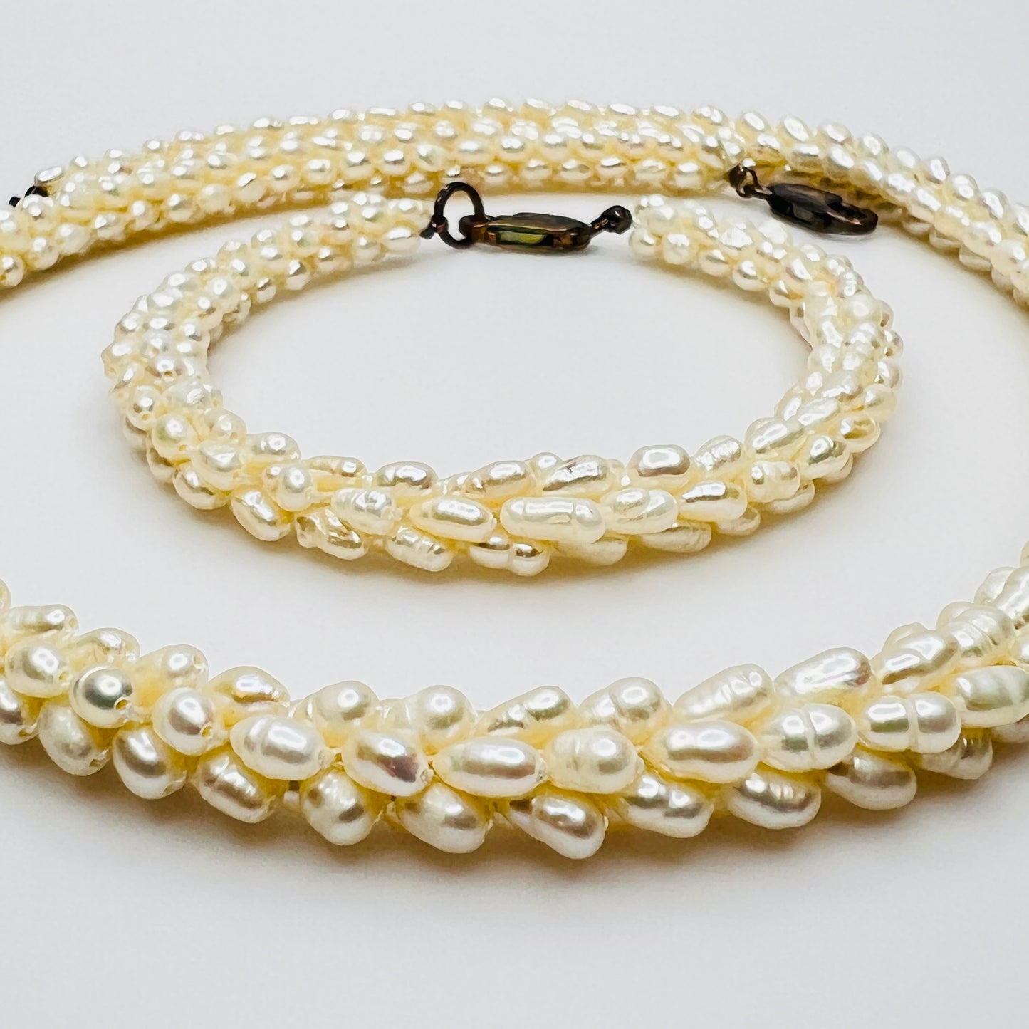 Close-up freshwater pearls twisted multi strand texture
