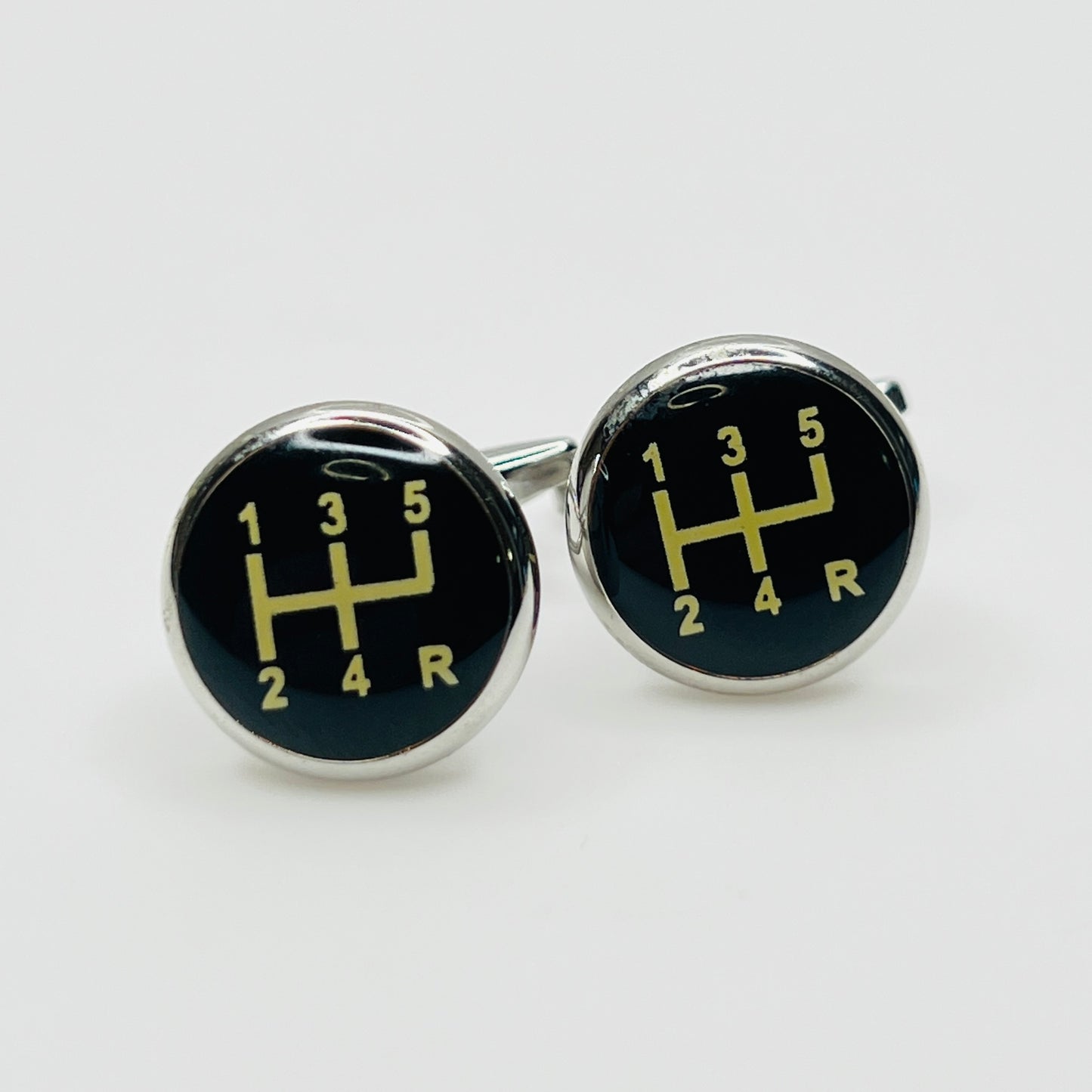Vintage gear shift cufflinks black resin silver tone round design