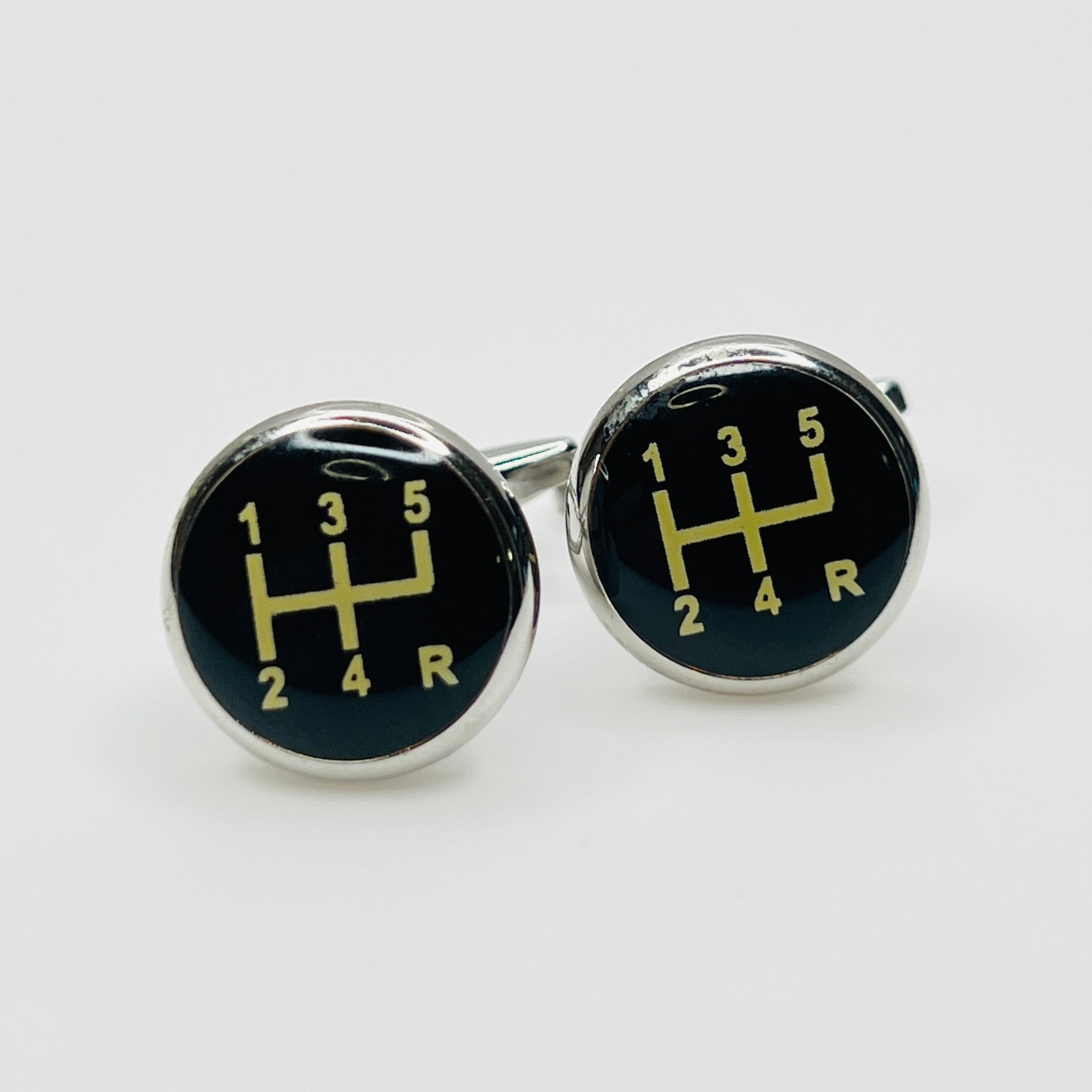 Vintage gear shift cufflinks black resin silver tone round design