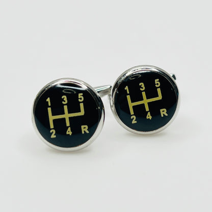 Vintage gear shift cufflinks black resin silver tone round design