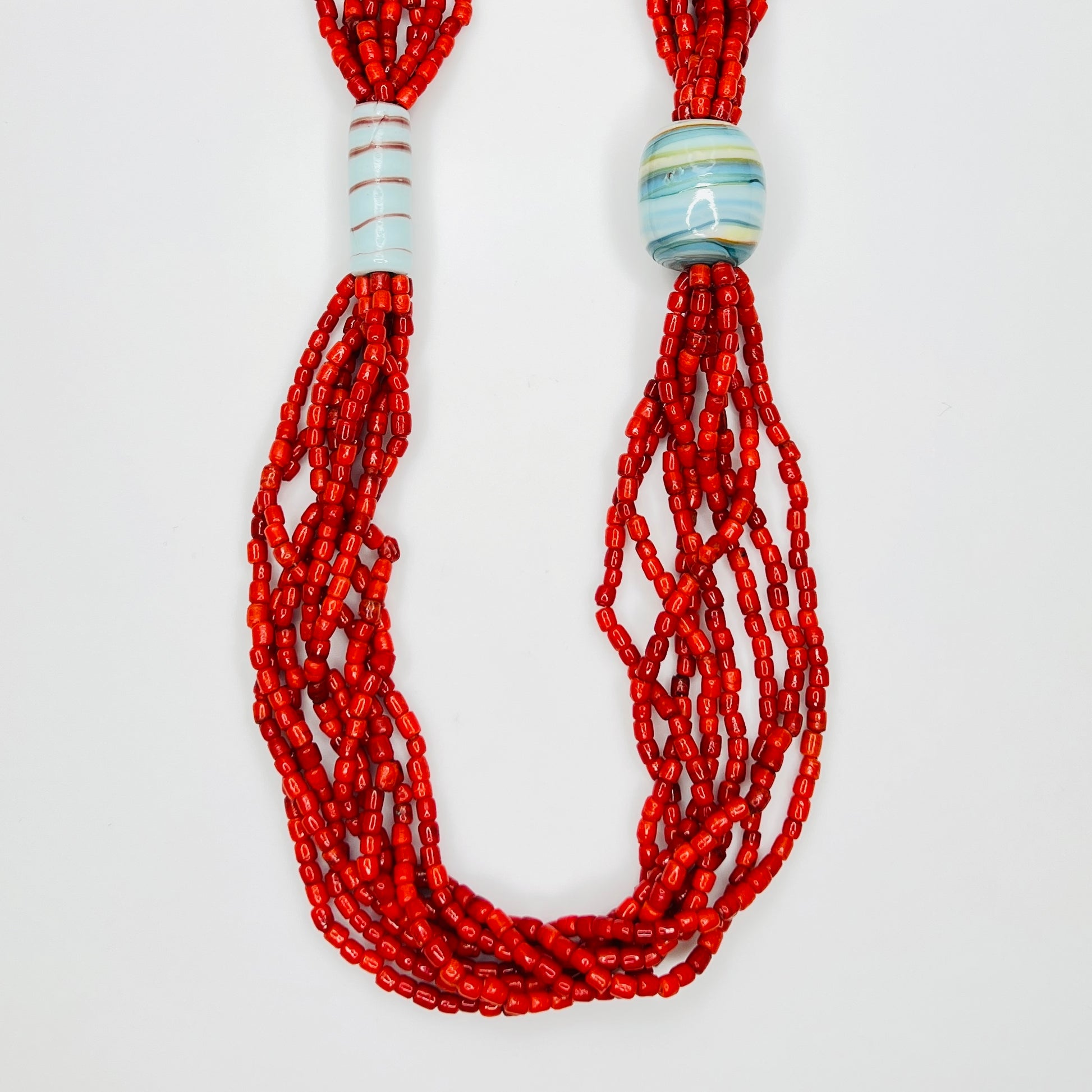 Vintage red multi strand glass bead necklace with ceramic beads