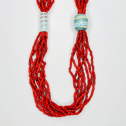 Vintage red multi strand glass bead necklace with ceramic beads