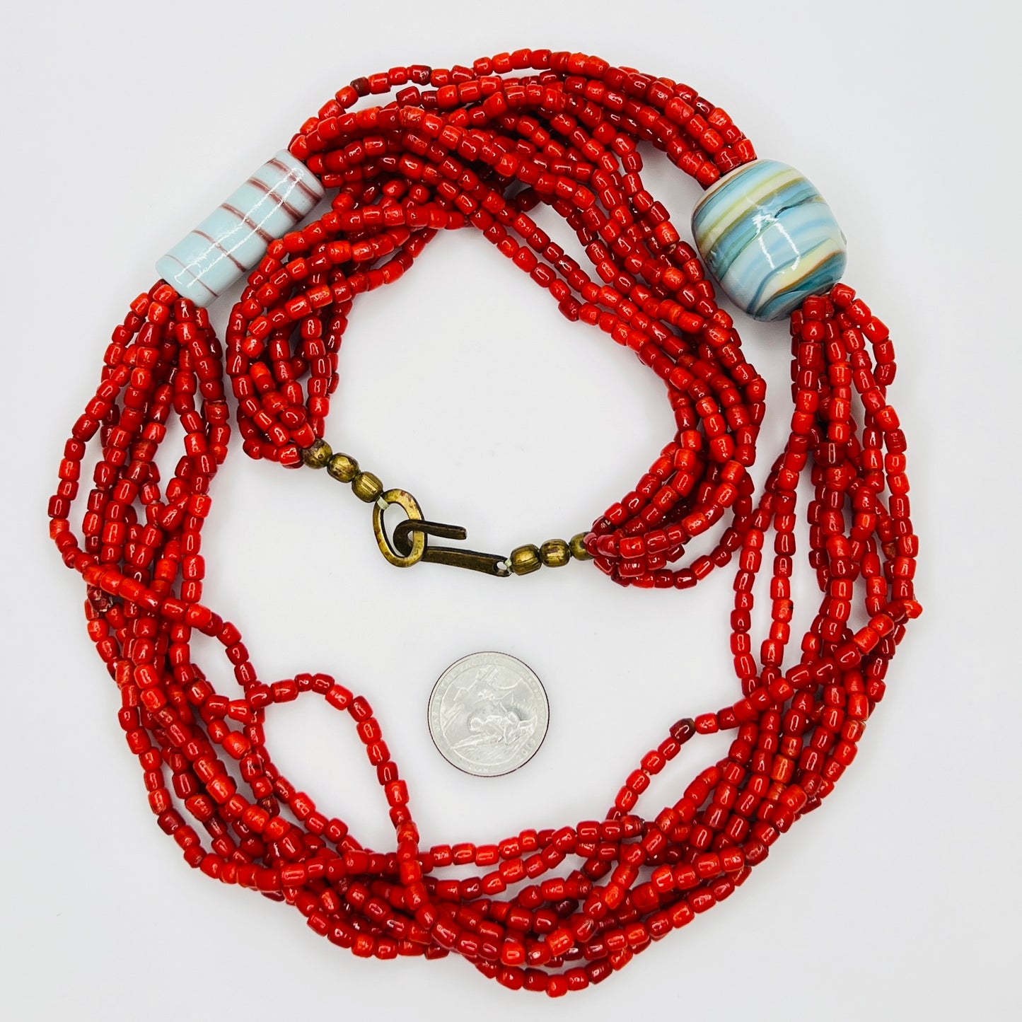 Vintage red multi strand glass bead necklace with ceramic beads