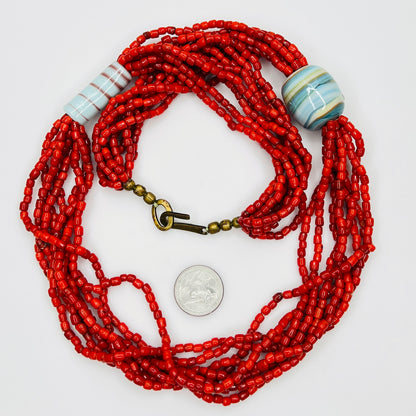 Vintage red multi strand glass bead necklace with ceramic beads
