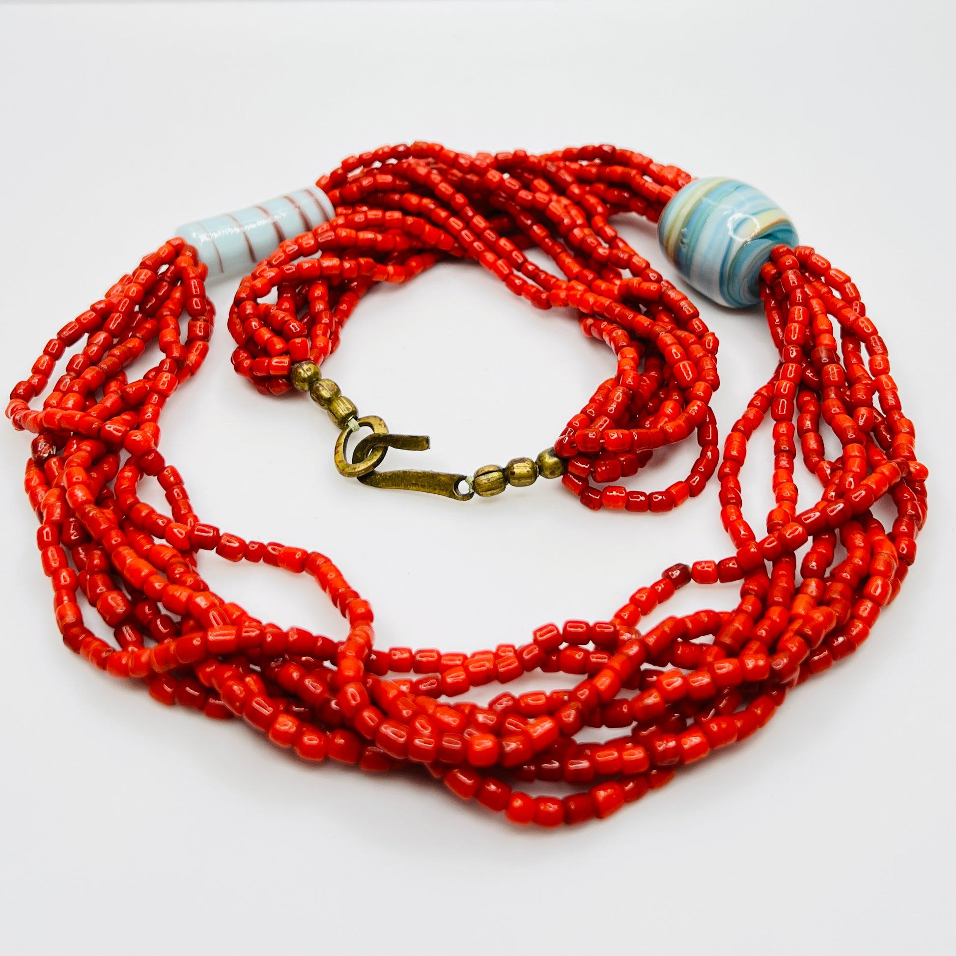 Vintage red multi strand glass bead necklace with ceramic beads