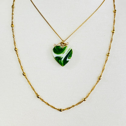 Vintage necklace set with marbled green glass heart pendant and signed Napier gold rope chain