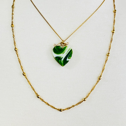 Vintage necklace set with marbled green glass heart pendant and signed Napier gold rope chain