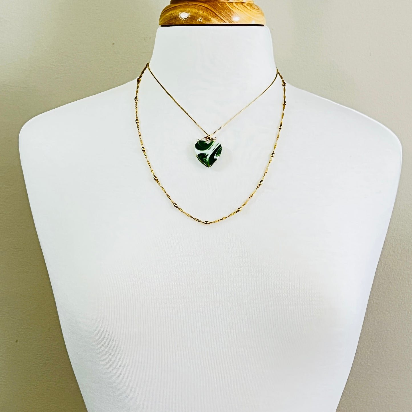 Vintage necklace set with marbled green glass heart pendant and signed Napier gold rope chain