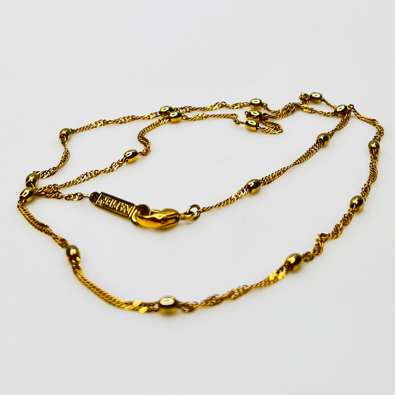Vintage necklace set with marbled green glass heart pendant and signed Napier gold rope chain